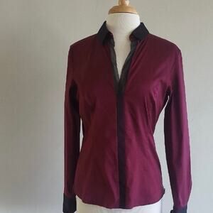 BOSS Hugo Boss Maroon w Black Trim L/S Side Zippers Blouse -Women's Sz 0